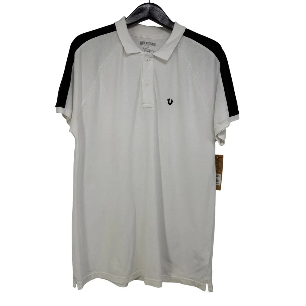 True Religion Mens Raglan Panel Polo Shirt XXL White Black Streetwear